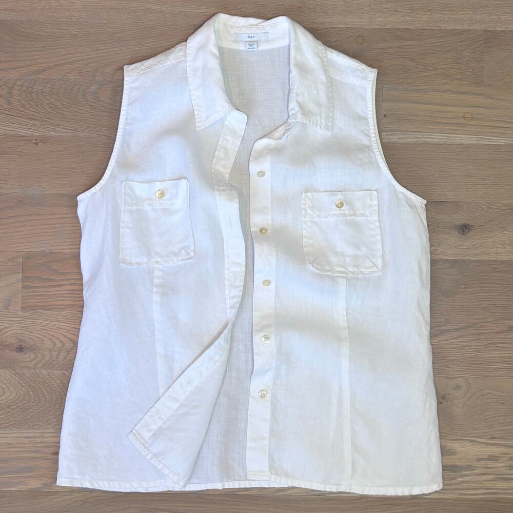 VTG Y2K Gap 100% Linen Sleeveless Shirt Button Up White Womens Size Large